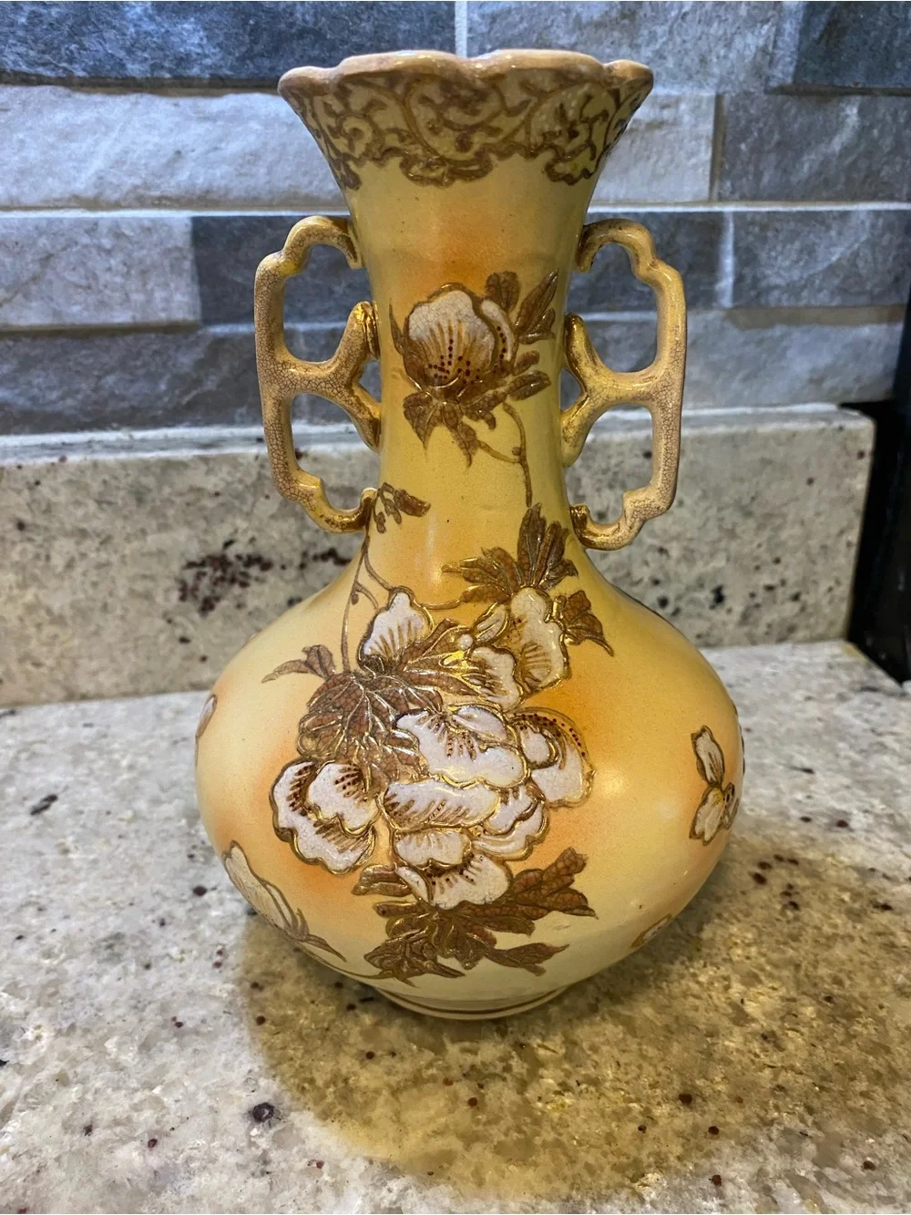 Antique Gilded Gold Peony Bohemian Vase Double Handled